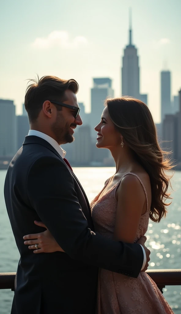 ((best quality)), ((masterpiece)), (detailed), perfect face a man and a woman standing on a bridge looking at the city skyline and the water in front of them, Eric Zener, american romanticism, city background, a stock photo