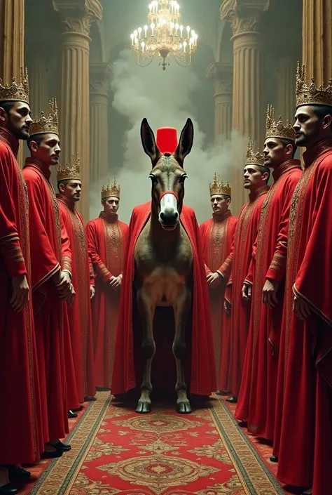 Ai needs to be created that looks like a bunch of red-clad liberals have been made king by a red-hatted donkey.