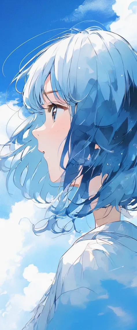 Illustrator, anime , Realistic ,sketch , Abstract background、body、Looking out over the sky, profile, Blue Hair,Short Bob、A girl on the right、Canadian, (masterpiece,Best Quality)、White gradient　