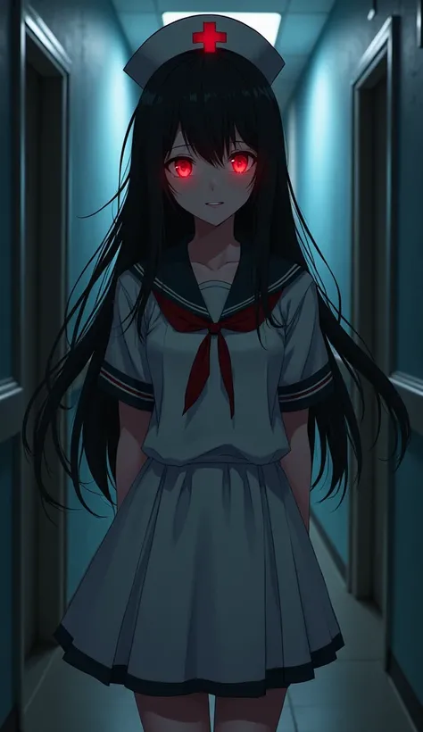 masterpiece, Best Quality, High resolution, Very detailed,(((Beautiful black-haired girl))), (((Japanese Anime))), (((Long Hair))), (((Red eyes glowing))), (((Nurse uniform))), (((Dark corridor))), (((Yandere))), (((smile))),