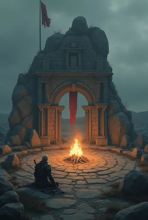 Depict the Firelink Shrine, an ancient, circular stone structure bathed in the warm glow of a bonfire. Tattered banners sway gently, and crumbled stones litter the ground. An armored figure sits quietly at the bonfire, with distant hills and a gloomy sky i...