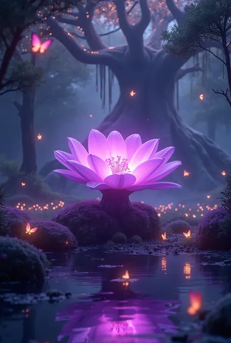 Giant purple flower emitting light, night atmosphere with moonlight, magic lights, luminous butterflies, Illumination with bright moonlight, It is in a forest next to a lake, rock in the middle of the lake and behind it there is a magical giant tree with a...