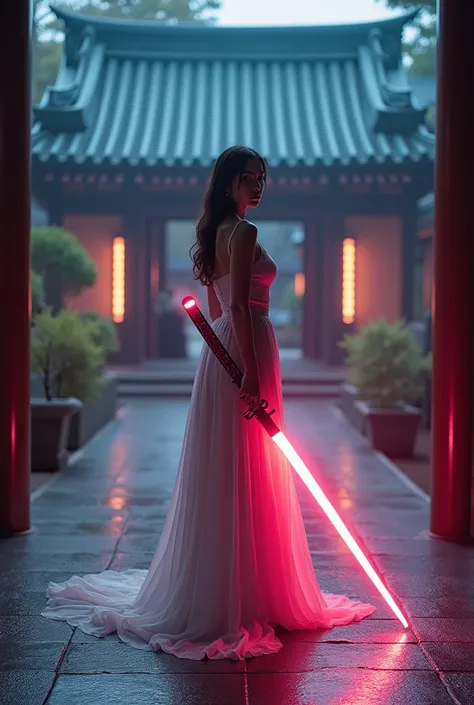 Editorial Photography,Ultra detailed background,Hyper-Reality,Double Exposure,Depth of Field,Beautiful super slim skinny video,Soft Focus Pure Sound,Narrative Scene,Neon blade,super_Long Japanese sword held by a woman facing forward,Zen temple paving stone...