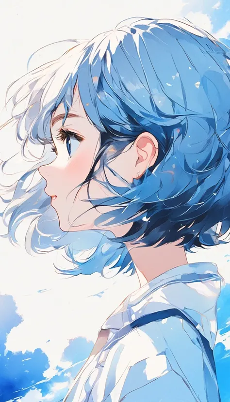 Illustrator, anime , Realistic ,sketch , Abstract background、body、Looking up at the sky, profile, Blue Hair,Short Bob、A girl on the right、Canadian, (masterpiece,Best Quality)、White gradient　