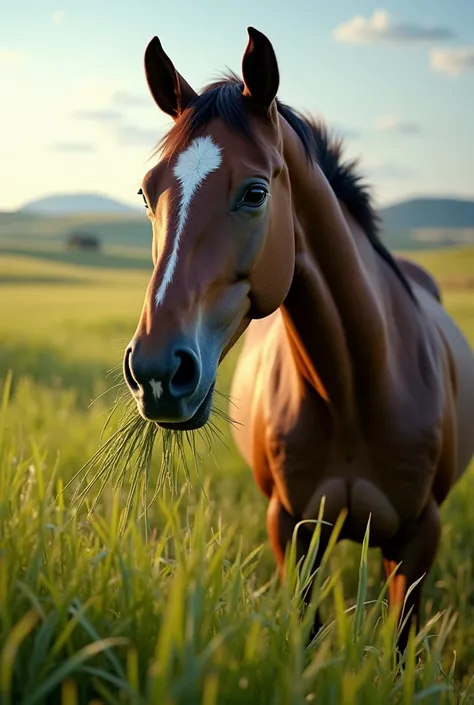 "The taste of fresh, tender grass in the horse’s mouth as it grazes freely in the open field. In contrast, later in the stable, the taste is now of dry, dusty hay, less flavorful than the lush green grass from the meadow."