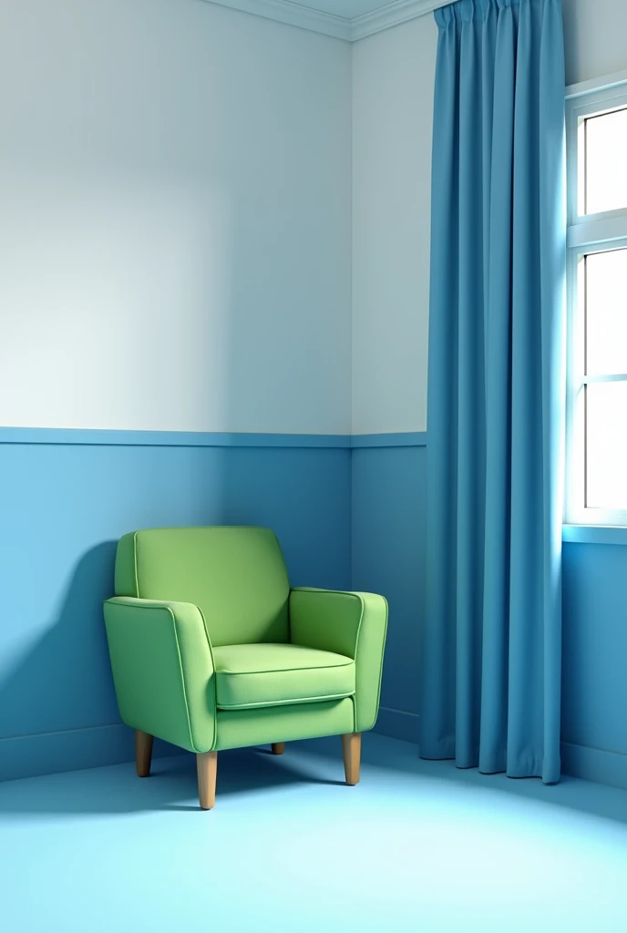 Create an ai picture of a single room painted with white at up 3/4 and blue at down 1/4
With blue curtains and a green chair 