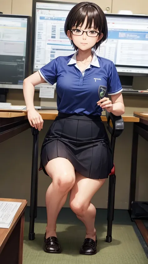 beautiful japanese woman in golf clothes, real people, detailed body, squat, real people秀, glasses, skirt flip, office lady