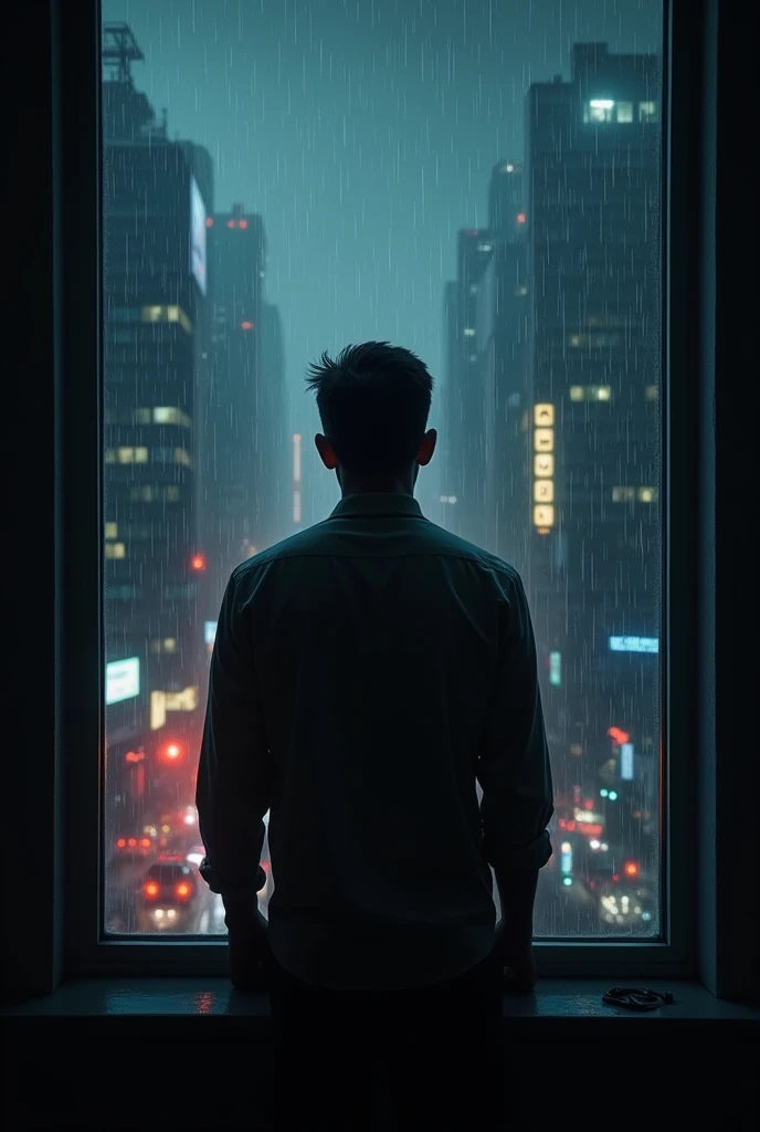 A man who sees his dark side on a rainy, dense night in the center of a city through an apartment window