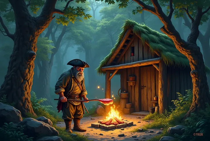 A pirate cooking meat in a old hut in forest 