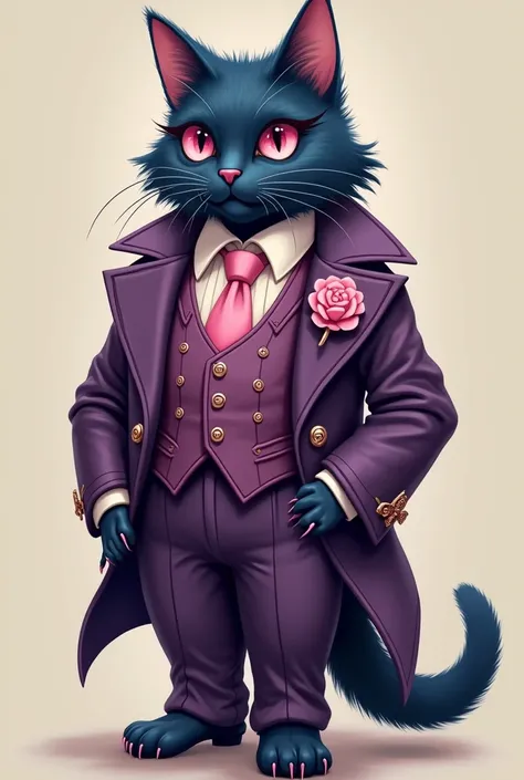 angular and rangy anthropomorphic Oriental Longhair cat with dark blue fur, long ears, and a bushy tail. He wears a purple tailcoat suit with a large, extravagant lapel, on which a pink flower sits. He has a pink tie and a white dress shirt underneath his ...