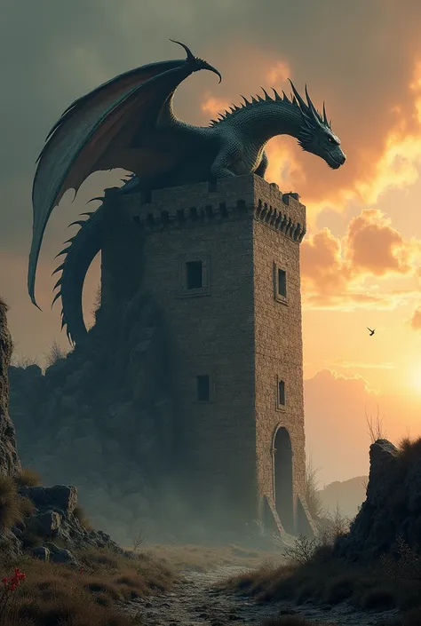 Depict a colossal, battle-scarred dragon with tattered wings resting atop the remains of a crumbling tower. The tower is part of a long-abandoned fortress, its stones covered in moss and vines. The setting sun casts an orange glow on the dragon, while dark...