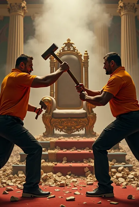 Men with orange polo t-shirt and black pant holding sledgehammer smashing throne 