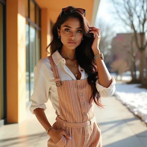 lovely cute young attractive indian girl, brown eyes, gorgeous actress, 2, cute, an Instagram model, long_hair, colorful hair, winter, background and stayle Indian, A woman stands indoors in bright sunlight, wearing a pinstriped jumpsuit over a white shirt...