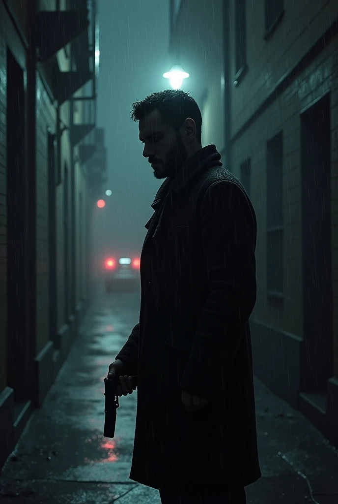 A man who sees his dark side on a rainy, dense night while holding a gun hidden in an alley