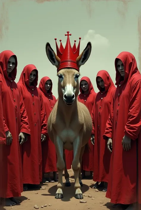 I want to create an Ai image that looks like a group of stupid ignorant slaves in red has been crowned by a donkey with a red crown.