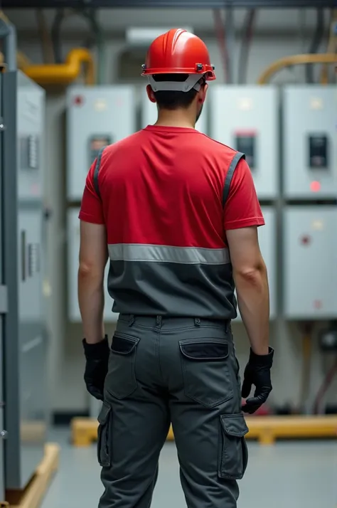 Full body view of back of electrical technician worker, wearing uniform: On the head a red helmet with white earplugs and protective glasses. On the torso a red t-shirt and above that a work vest, half in red color. With a horizontal reflective line, Follo...