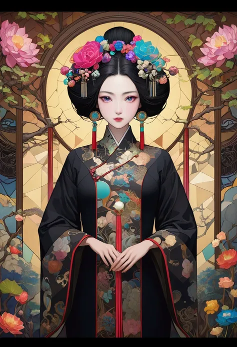 Collage of many geishas, , Button, Circuit, Grapevine, Branches, nature, science, dramatic,Cyberpunk, Neoclassicism, Experimentalism, Baroque style, Impressionism, Expressionism, 无法解释of美, avant-garde, Decorative Art, Art Nouveau,  fiction, Takashi Murakami...