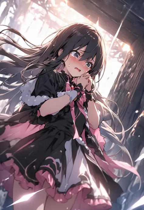 Best Quality、Lower Angle、One Girl、Magical Girl、Black clothes、Black Hair、Long Hair、cry