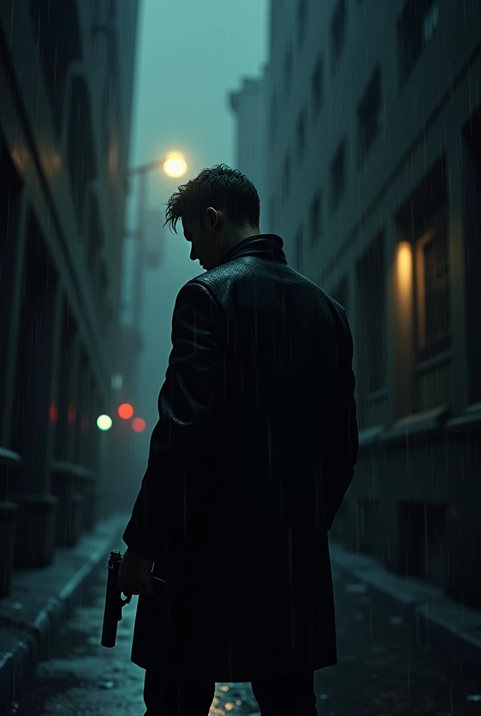 A man who sees his dark side on a rainy, dense night while holding a gun hidden in an alley