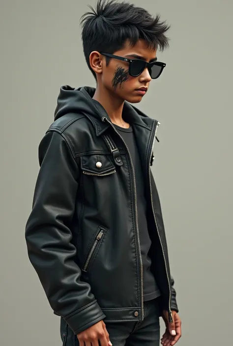 Make an ascetic boy with black leather jacket and black paint with dr martin shoes to upload it on facebook make it realistic without showing face make it pure realistic skin should be brown and with sunglass in face in the bike nepali chettri brown boy wi...