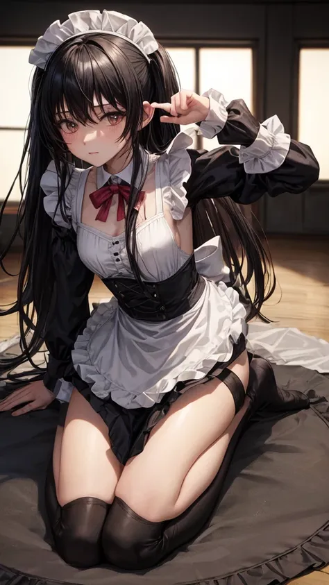 black long hair, wearing a maid outfit, kneel down, two legs and five fingers, more meat, cute 2d, background backlight hd