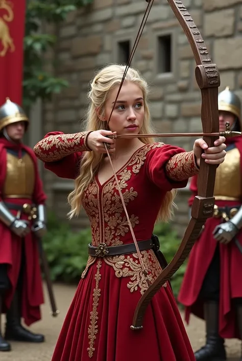 Create a young blonde-haired, green-eyed Lannister woman in a crimson dress with gold lion detailing practicing her archery target practice., being escorted by Lannister soldiers 