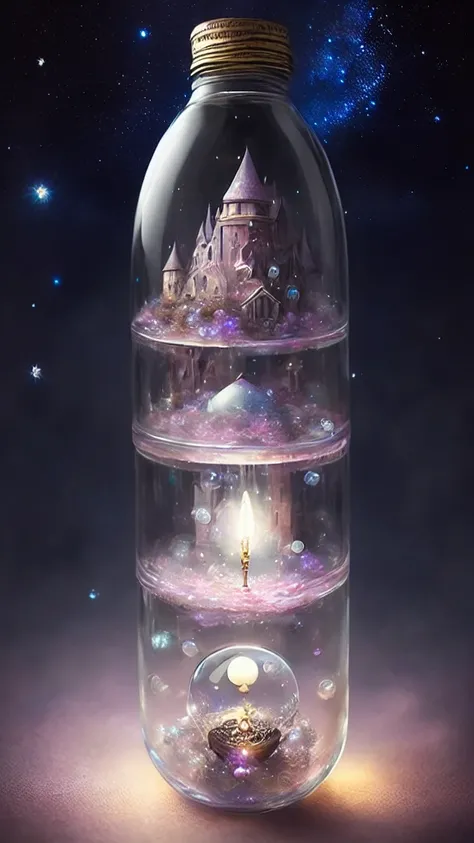 Dreamyart,
A love letter in a magical bottle decorated like a night sky in medieval Europe、Love Letter
、Light Liquid, Thin Glass,  Fantastic、beautiful、Bubble chromatic aberration, reflection,Insane Details, Intricate details, Ultra-detailed, Realistic, pho...