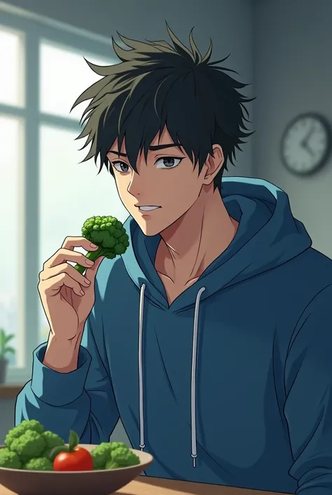 Anime,1 handsome man, Wear a blue hoodie , Eat broccoli