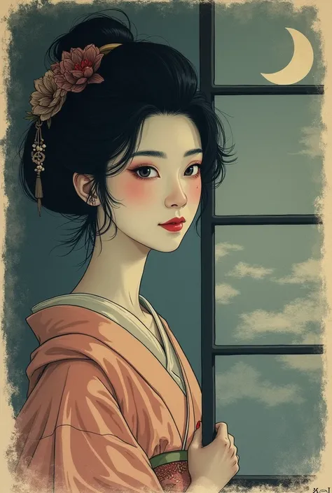 Ink Painting、Old paper texture、Damaged Paper、Old style、Faded colors、A painting of an Edo courtesan&#39;s face faintly drawn on the moon in the night sky、composition、Golden Ratio、Functional、grace、detail、background、Soft colors、Blurred Lines、Courtesan at Dusk...