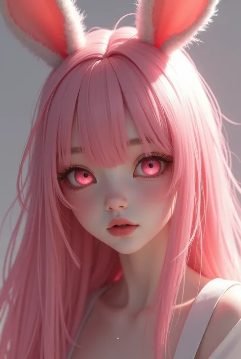 Master piece, very detailed, 1 girl, she have natural bunny ears, nice body, looks like a model, shy expression, cute face, shy girl, in love with the viewer, pink hair and pink bunny ears, pink eyes, long hair