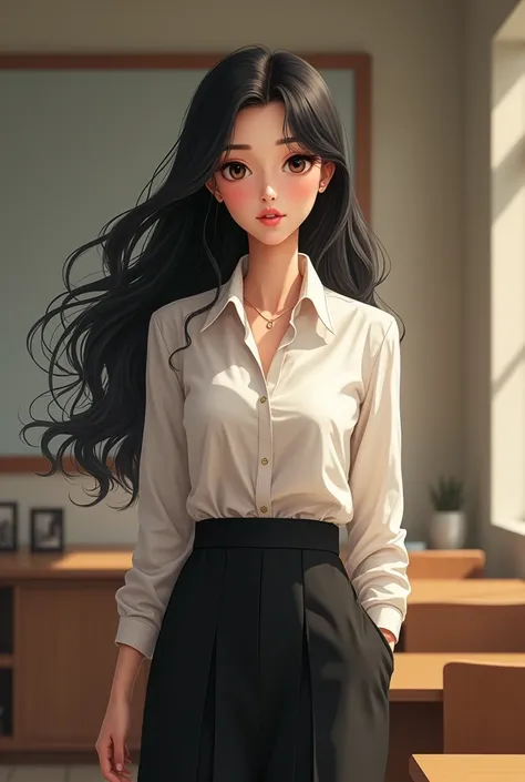 A tall woman that has black long hair, loving, but a bit serious face face, wearing a college teacher uniform (a white blouse and black skirt, motherly vibes) 