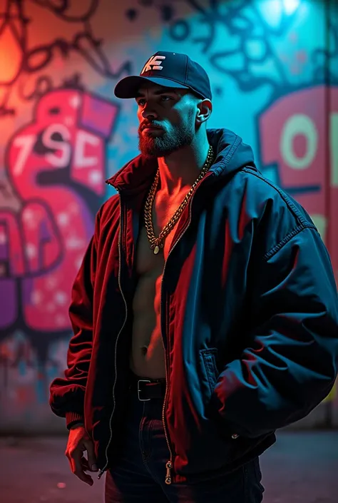 white man, Big body, Hip hop fashion, Stand cool,Behind is a street art wall.., High Detail, 8k, realistically, realistically lighting, Amazing shadows, Neon lights, Dark atmosphere., color, bright,Face Zoom View Camera