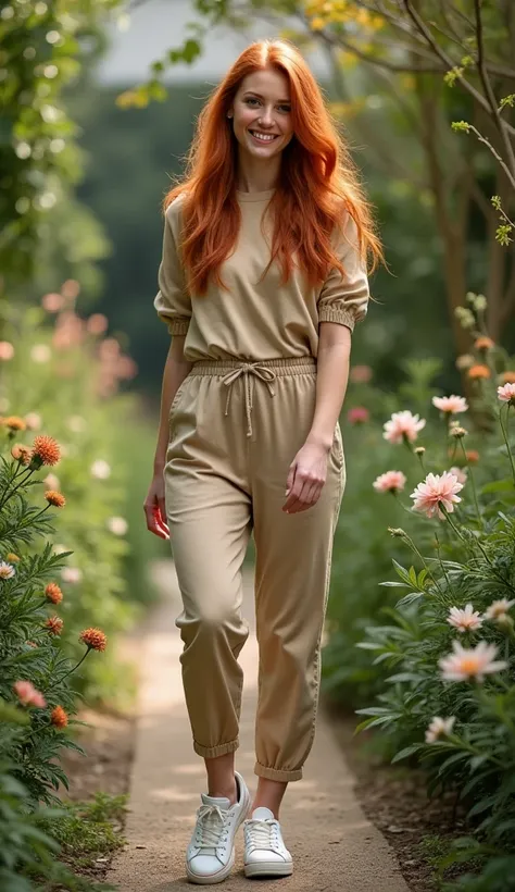 A beautiful woman with fair skin, red hair, clear eyes, dressed in a beige jumpsuit and white sneakers, standing walking happily in a garden , looking forward vom can for portrait