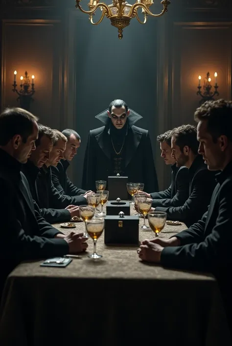 Many men sitting at a long table, in a dimly lit environment, some scared, some pretty ones, all wearing black suits, on the table top glass goblets and other, a black box,in the center a thin man dressed as a vampire, with yellow eyes he looks at the scen...