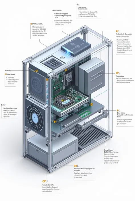 Create a labeled diagram of computer system main hardware components such as CPU, RAM, HDD, SDD, PSU, Motherboard, GPU, and Cooling system(fan).

