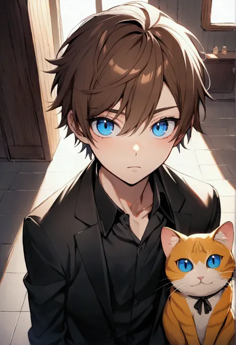 (Highest quality)(1 teenage male,single,brown hair,blue eyes ,Black suit shirt,Turn to look at the viewer,with guardian cat)