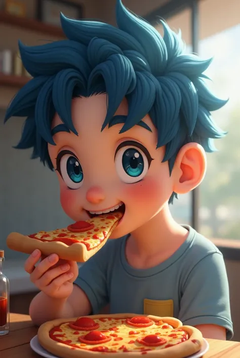 a handsome, cute anime boy, blue hoodie, eating pizza, portrait, highly detailed, 8k, masterpiece, photorealistic, cinematic lighting, vibrant colors, dynamic composition, intricate details, anime art style, beautiful eyes, adorable expression, realistic t...