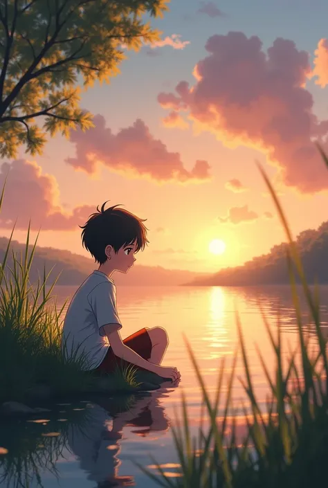 Anime boy, sunset, riverside, grasses 