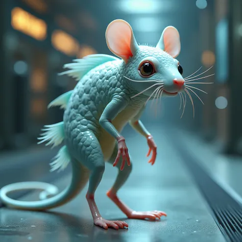 The mouse has the body of a fish, stands on two legs, and has a fish tail in a realistic, futuristic form.