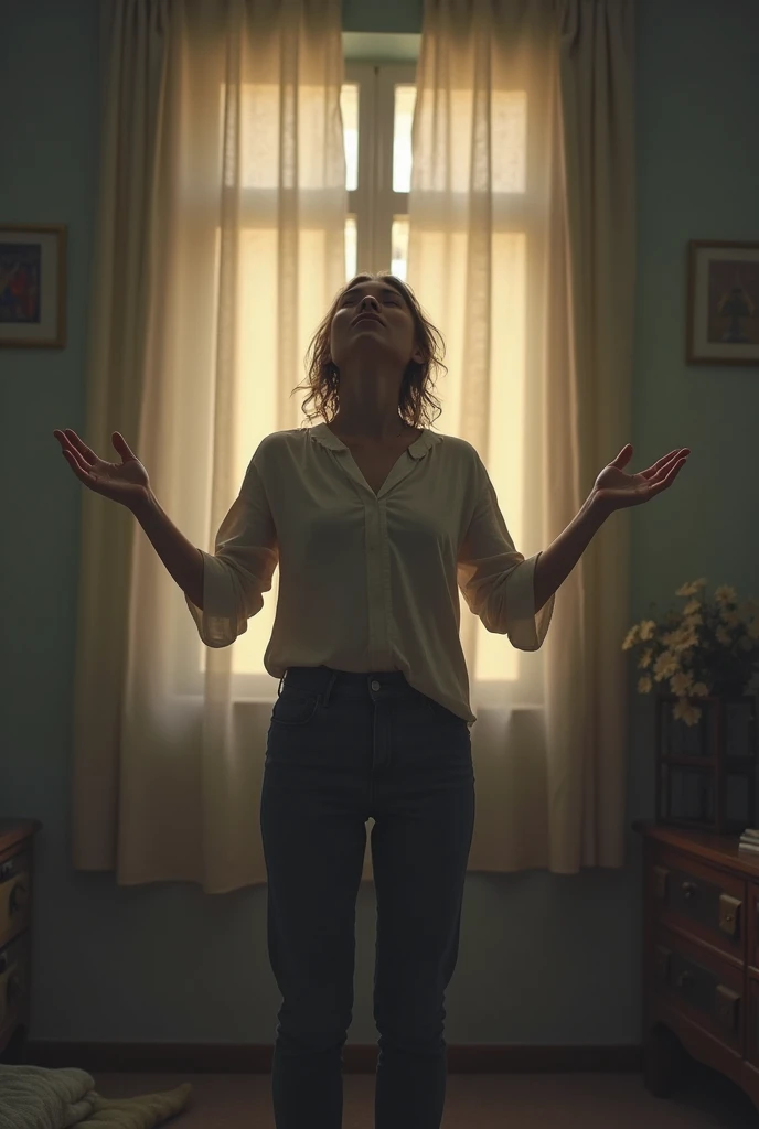 A NORMAL PERSON STANDING PRAYING IN HIS ROOM MAKING VICTORY STATEMENTS USING HIS HANDS