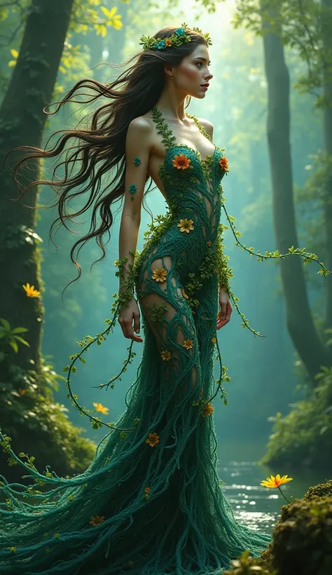 The image depicts a full-length portrait of a Rusalka, a mystical water nymph from Slavic folklore, elegantly poised against a pristine forest background. She embodies the perfect harmony between art and nature, adorned with an intricate design of flowers ...