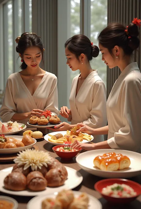 Modern Japanese beauties surrounded by food