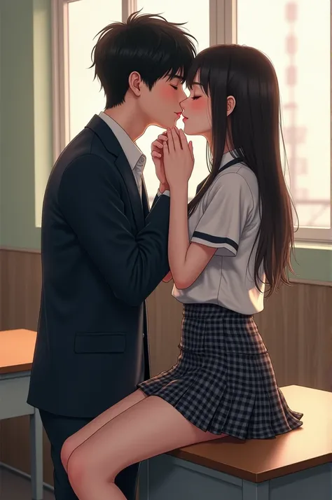 Realistic, korean highschool boy and girl kissing, girl on the top of desk, boys hair is dark black, light white glowing skin, handsome, his hands on her chin, dark colour, school uniform is dark navy blue blazer boys pants is dark grey in colour, girls sh...