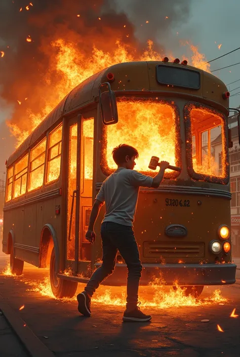 A bus indian bus was burning a fifteen years old boy try to break the glasses of bus window with the hammer , the boy is inside the bus 