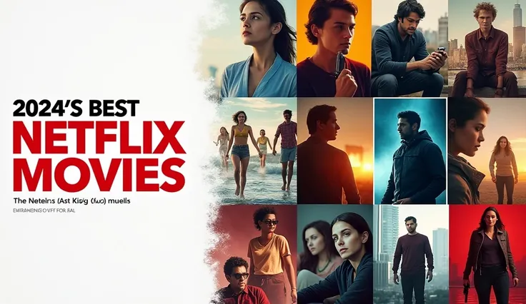 Create a YouTube video thumbnail on Highest Rated Movies On Netflix Released in 2024.
The picture should be a collage images of Highest rated movies on Netflix released in 2024 and the text should be " 2024s Best Netflix Movies" The text Color should be Re...