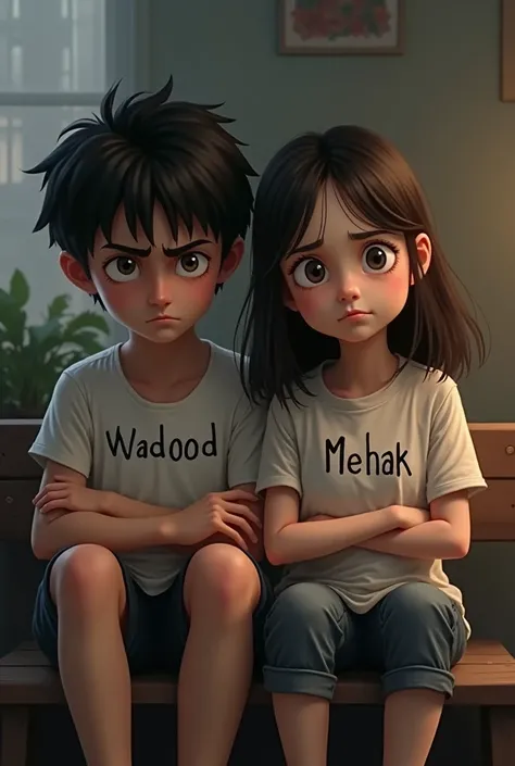 A boy and girl sitting together but angry to eachother.  Write Wadood on boy shirt and Write Mehak on girl shirt