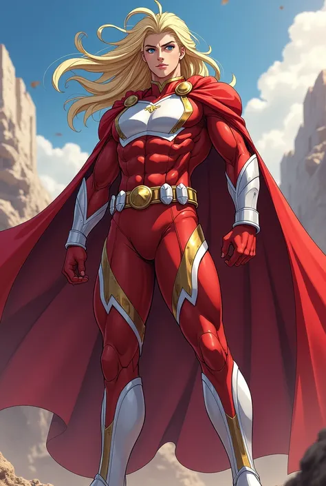 anime, blond hair, red cape, red and white hero costume, Blue eyes, masculine 