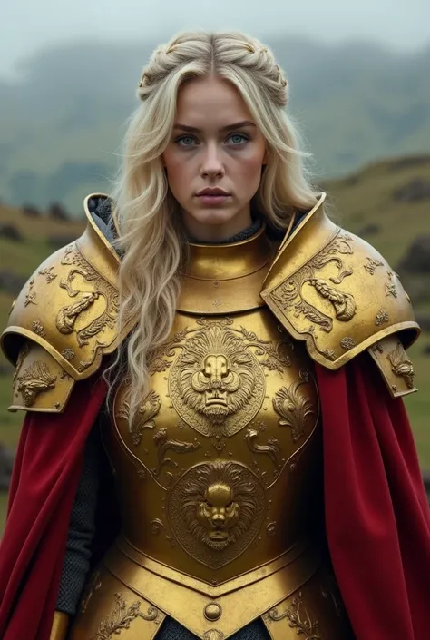 Create a young, blonde-haired, green-eyed Lannister woman wearing golden armor with detailed lions and a crimson cape and lion helmet. 
