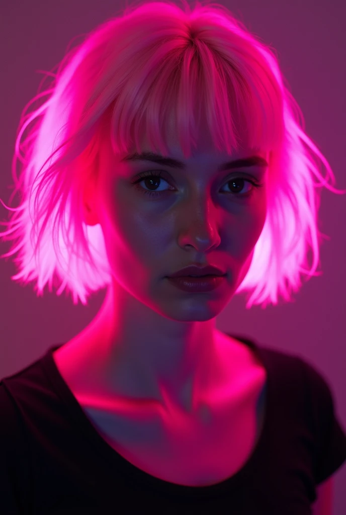 a woman with pink hair and a black top looks at the camera, glowing pink face, glowing hair, cute girl with short pink hair, pink girl, pink short hair, short pink hair, pink hue, dramatic pink light, pink vibe, pink light, neon hair, pink hair, red glowin...