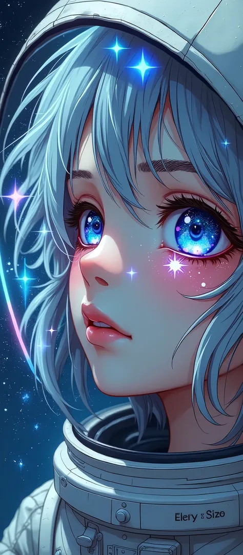 Close-up of an improved masterpiece:1.5)0.9], (Space and astronauts:1.2) (Messy silver hair:1.1) (heterochromia: xanthochromia and blue eyes:1.2) (Space helmet:1.0) (Colourful stars in the eyes:1.0) (A radiant glow:1.1) (thick lips:0.9)